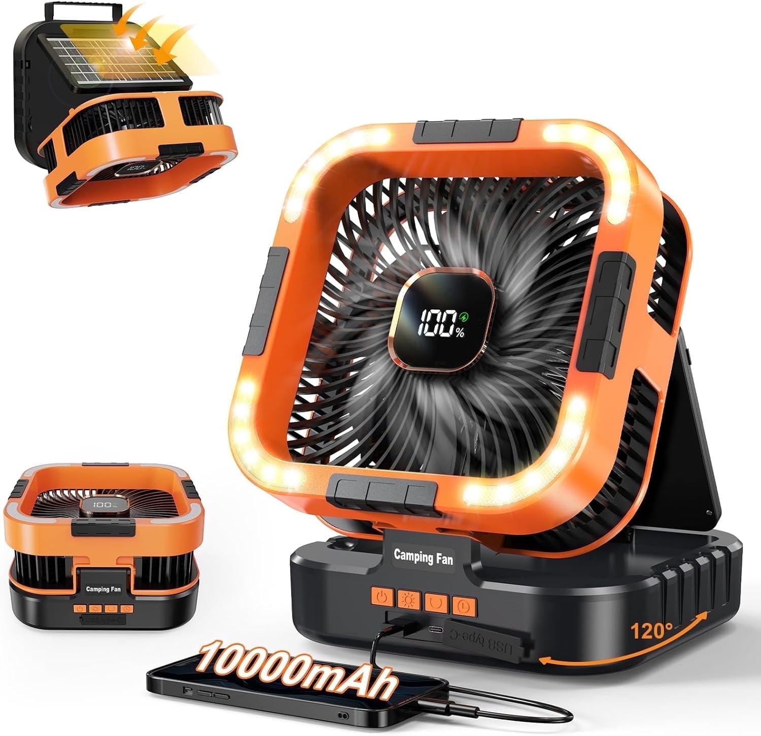 Uarter Solar Fan, 10000mAh Rechargeable Camping Fans with Light, 6 Speeds Wind, 6H Timer Auto Oscillating Portable Fan, for Picnic, Tent, Orange
