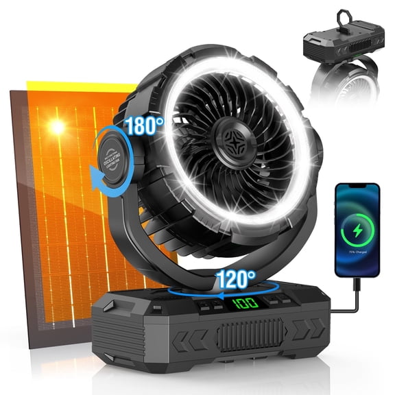 Rechargeable Solar Powered Camping Fan & Auto Oscillating, 【60H Runtime】Battery Powered Fan with LED Lantern, Portable Outdoor Fan, 12H Timer for Travel, Fishing, Jobsite, Beach, Camping