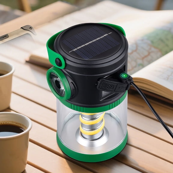 Solar Camping Lamp with Digital Power Display Green Outdoor Light Rechargeable LED Lantern for Home Emergency