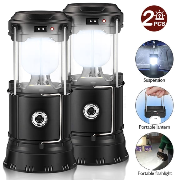 Solar Camping Lantern Led Outdoor Tent Light Multifunctional Rechargeable Solar Light with Flashlight and USB Charging for Hiking，Reading，Hurricane，Outage，Emergency 2 pcs