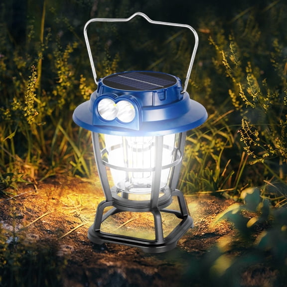 Solar Camping Light Power Bank USB Rechargeable, QQZ 6 Gears Remote Control Portable Lantern, LED Bulb Tent Lamp with Emergency Lighting for Outdoor Hiking, Blue