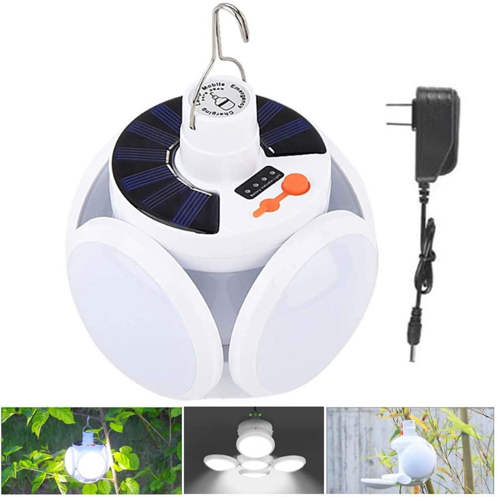 Solar Camping Light With LED Lantern, Portable Tent Lamp With Hanging Hook, Folding LED Football Bulbs Rechargeable USB Desk Lights For Home, Office, Tent, Car, Emergency Outages