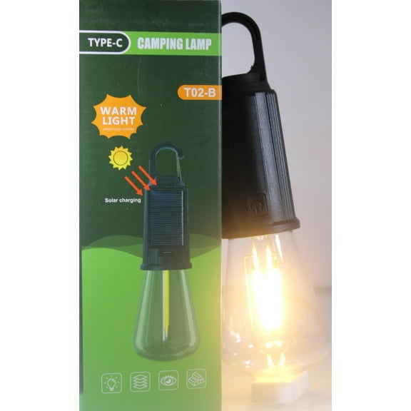 Solar Camping Light with Hook 3 Brightness Levels, Waterproof, Transparent Lampshade, Warm Light
