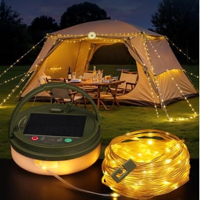 Solar Camping String Lights, 33FT 100LED Quick Storage Rechargeable Tent Lights with 9 Lighting Modes, Portable Camping Fairy Lights Waterproof for Outdoor Patio Garden Party Decorations