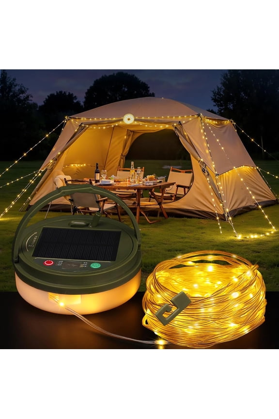 Solar Camping String Lights, 33FT 100LED Quick Storage Rechargeable Tent Lights with 9 Lighting Modes, Portable Camping Fairy Lights Waterproof for Outdoor Patio Garden Party Decorations