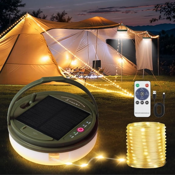 Solar Camping String Lights, 39.4FT Portable Camping Light with 8 Lighting Modes, Solar and USB Rechargeable Tent Lantern with Remote Control for Camping, Yard, Garden and Hiking