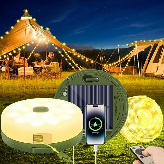 Solar Camping String Lights, 39Ft Waterproof Solar Lantern with 8 Lighting Modes, 120LED Outdoor String Lights for Awning Garden Yard Party Decor