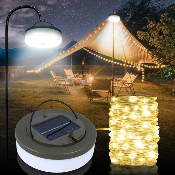 Solar Camping String Lights, 6 in 1 Upgraded Quick Storage 32.8FT Rechargeable Fairy Light Outdoor