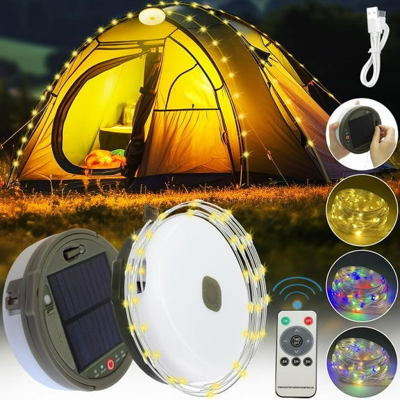 Solar Camping String Lights, Camp Lamp Outdoor Rechargeable, Portable Camping Gear Essentials, Solar Powered USB Light for Hiking