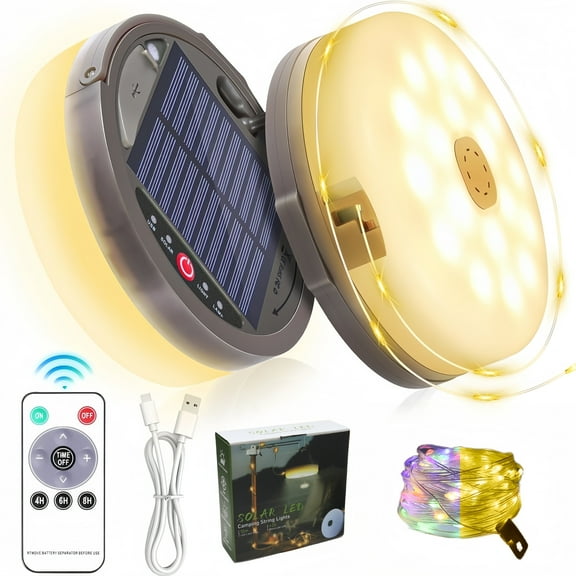 Solar Camping String Lights,Portable Waterproof Camping Lamp,32.8FT Fairy String Lights 100 LEDs with 8 Lighting Modes, Hanging Rechargeable Tent Lantern for Awning Garden Party Decor-Remote Control