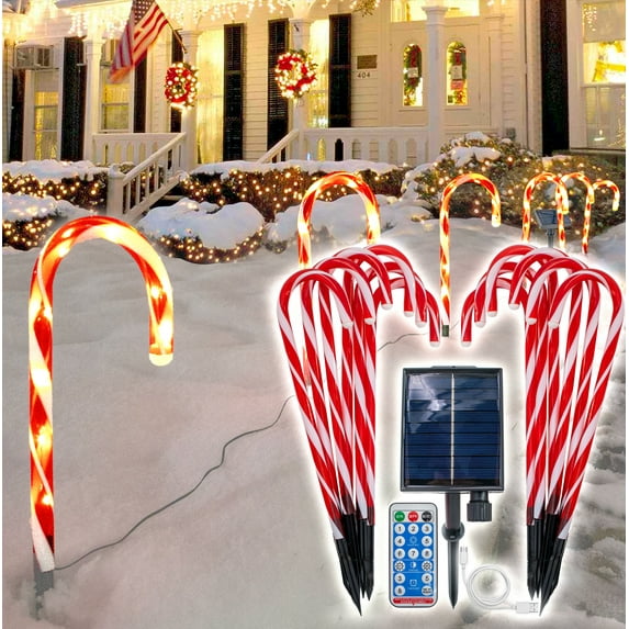 Solar Candy Cane Christmas Lights 21" 12pc Set w/ Remote & USB - Outdoor 96 LEDs Pathway Stakes - Weatherproof Garden, Walkway, Yard & Lawn Decoration Light - Festive