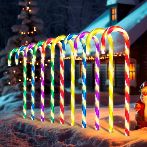 Solar Candy Cane Lights, Multicolored, 10-Piece Set: Waterproof Candy Cane Christmas Outdoor Lights with 72 LEDs, 8 Modes, 1200mAh Solar-Powered Outdoor LED Lights for Christmas Pathways, Patios, and