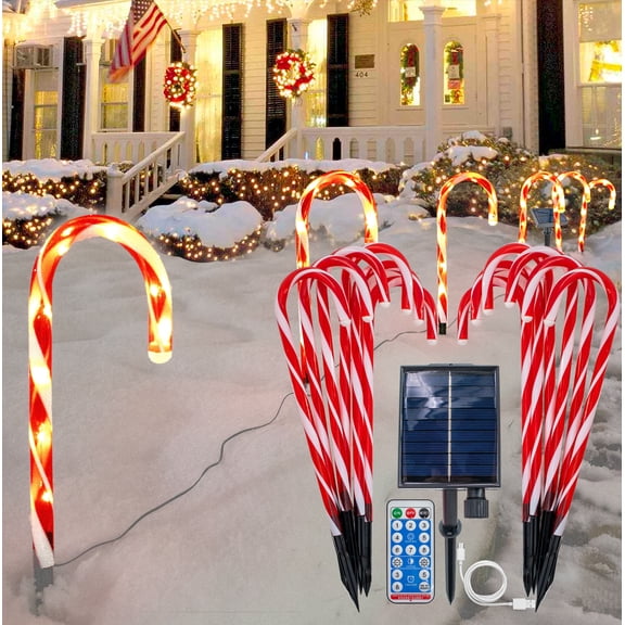 Solar Candy Cane Pathway Lights Weatherproof LED Christmas Outdoor Decor with Remote Control and 8 Modes, 12-Piece Set for Garden Walkways