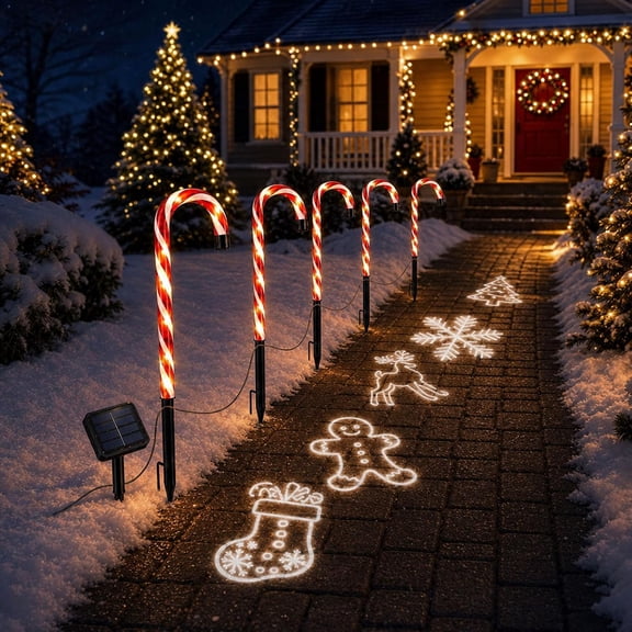 Solar Candy Cane Projector Pathway Lights, Outdoor Christmas LED Stake Lights for Walkway Garden