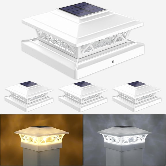 Solar Cap Lights Outdoor 4pack, White Deck Fence Lights Solar with 16LEDS 2 Lighting Modes, 4x4/5x5/6x6 Fence Lights for Garden Patio Porch Backyard