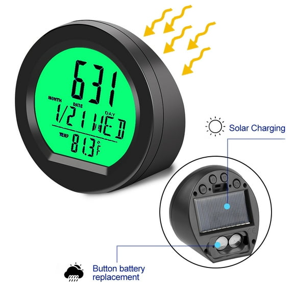 Solar Car Digital Clock Date Week Thermometer LCD Luminous Display for Dashboard Car Clock Automobiles Internal Stick-On