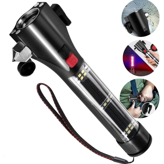 Solar Car Flashlights for Emergencies, Window Breaker Seatbelt Cutter Multifunction Flashlights, Life Hammer LED with SOS Strobe, USB Rechargeable Magnetic Car Emergency Tool for Vehicle