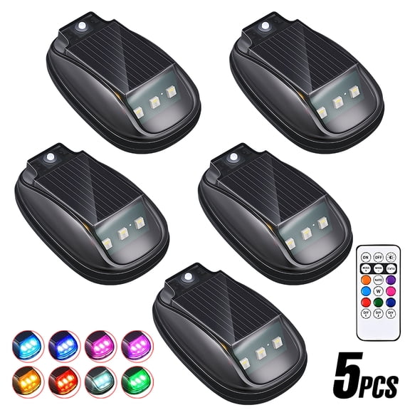 Solar Car Roof Neon RGB Strobe Light 5PCS, Cab Signal Marker Lamp Wireless LED Warning Lights Safety Accessories for Cars Trucks Pickup SUV Jeeps Rvs with Vibration Sensor, No Drill, Waterproof