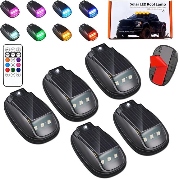 Solar Car Roof RGB Strobe Light with Remote Control Cab Signal Lam, No Drill Solar Cab Lights, 8 Colors LED Strobe Lights, Waterproof Solar LED Roof Lamp for Trucks Cars, SUVs, RVs
