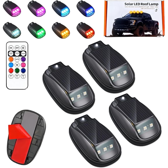 Solar Car Roof RGB Strobe Light with Remote Control Cab Signal Lam, No-Drill Wireless LED Lamp. Waterproof Design for Trucks, SUVs and RVs.
