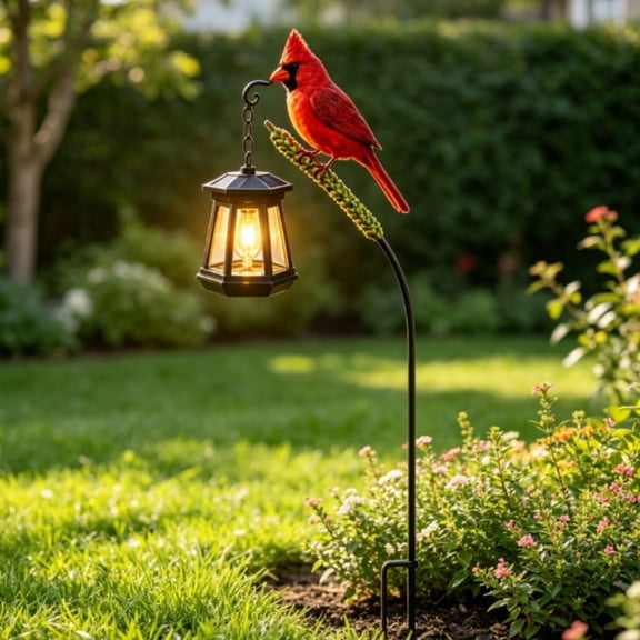 Solar Cardinal Bird Garden Stake Lights, Cardinal Bird Yard Decor, LED Warm Light Rock Base Outdoor Lawn Ornament for Gothic Fantasy Patio Backyard Decor