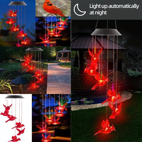 Solar Cardinal Bird Wind Chime Outdoor LED Color-Changing Light Auto-On at Night Waterproof Hanging Garden Decor for Patio Yard Porch Fence Pathway Landscape Solar Powered Home Ornament