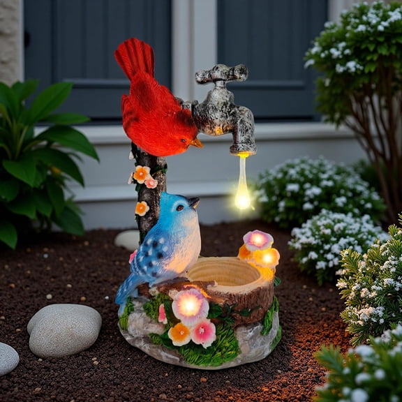 Solar Cardinal Birds Statue with Bird Feeder, 12 Inch Resin Garden Decor Color Changing Fountain Figurine Light for Yard Patio Porch Outdoor Bird Ornaments