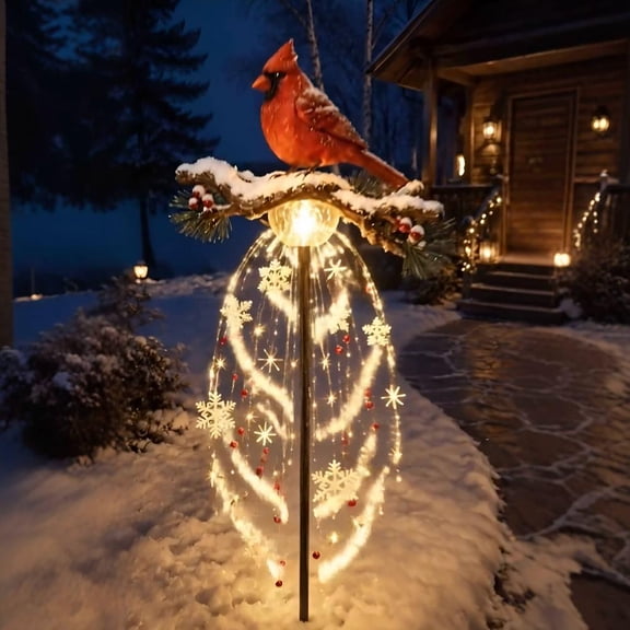 Solar Cardinal Garden Stake Light, 23.62-Inch Red Bird with Cascading Snowflake LEDs for Memorial Garden, Christmas Yard, Lawn and Pathway Decor