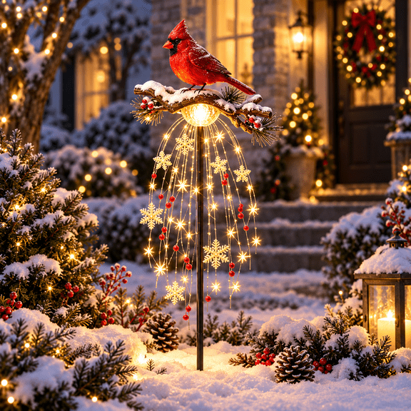 Solar Cardinal Memorial Garden Light, Red Bird and Snowflake LED Cascade Stake for Christmas Yard Patio or Graveside Remembrance, 23.62x23.78in