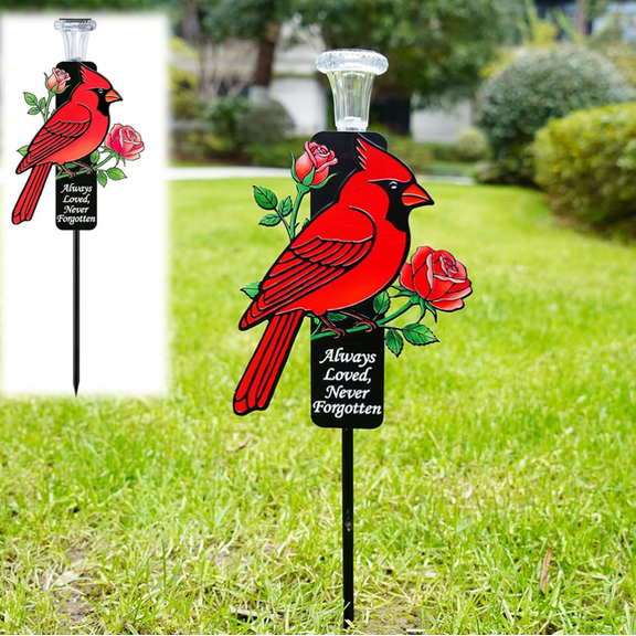 Solar Cardinal Memorial Stakes For Graves Metal Memorial Day Decorations With Led Light, Red Cardinal Sympathy Grave Marker For Loss Of Loved One Mother Father Outdoor Garden Memorial Gift 1pcs