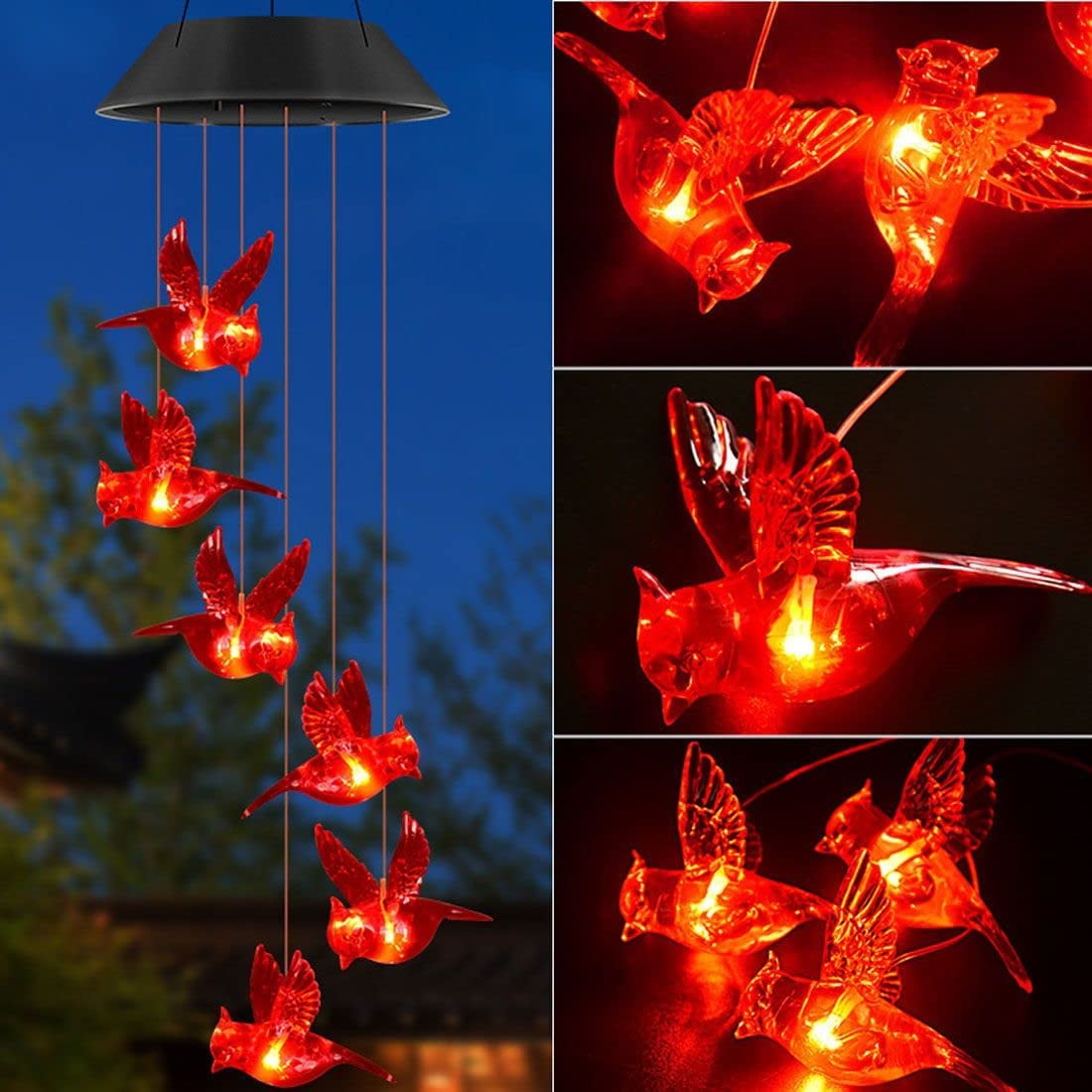 Solar Cardinal Red Bird Wind Chime Lights, Hanging Red Bird Wind Chimes