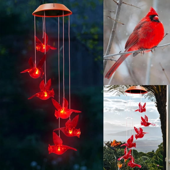 Solar Cardinal Red Bird Wind Chime, Plastic Mobile Hanging Patio Lights,Waterproof LED Hanging Wind Chime Lights for Outdoor Patio Yard Garden Decor,Cardinal Gifts for Mom Grandma Women Birthday
