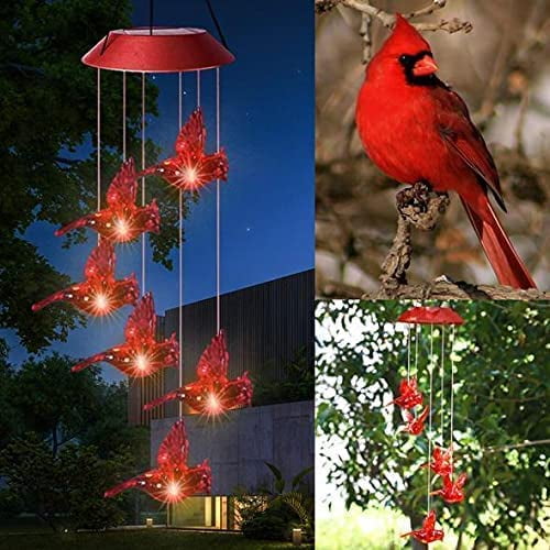 Solar Cardinal Red Bird Wind Chime,Solar-Powered Mobile Hanging Patio Lights with 6 Vivid Hummingbirds,Multi-Color Changing LED Garden Decoration for Home Party Night Garden Decoration