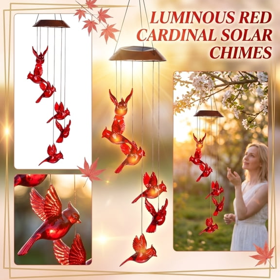 Solar Cardinal Wind Chimes Outdoor Hanging Decorative Red Bird Garden Light for Yard Patio 1 Pack with 6 LEDs Waterproof