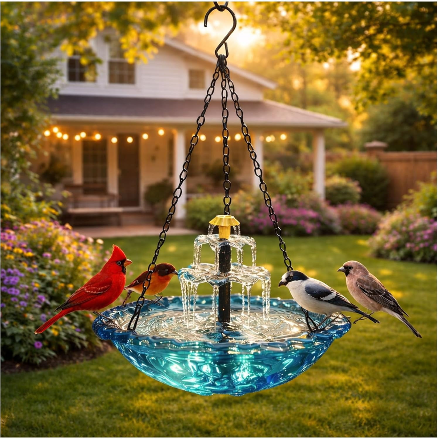 Solar Cascad Hanging Bird Bath Fountain, Powered Cascading Bath, Outdoor Fountains, with Fountain (Blue) Blue