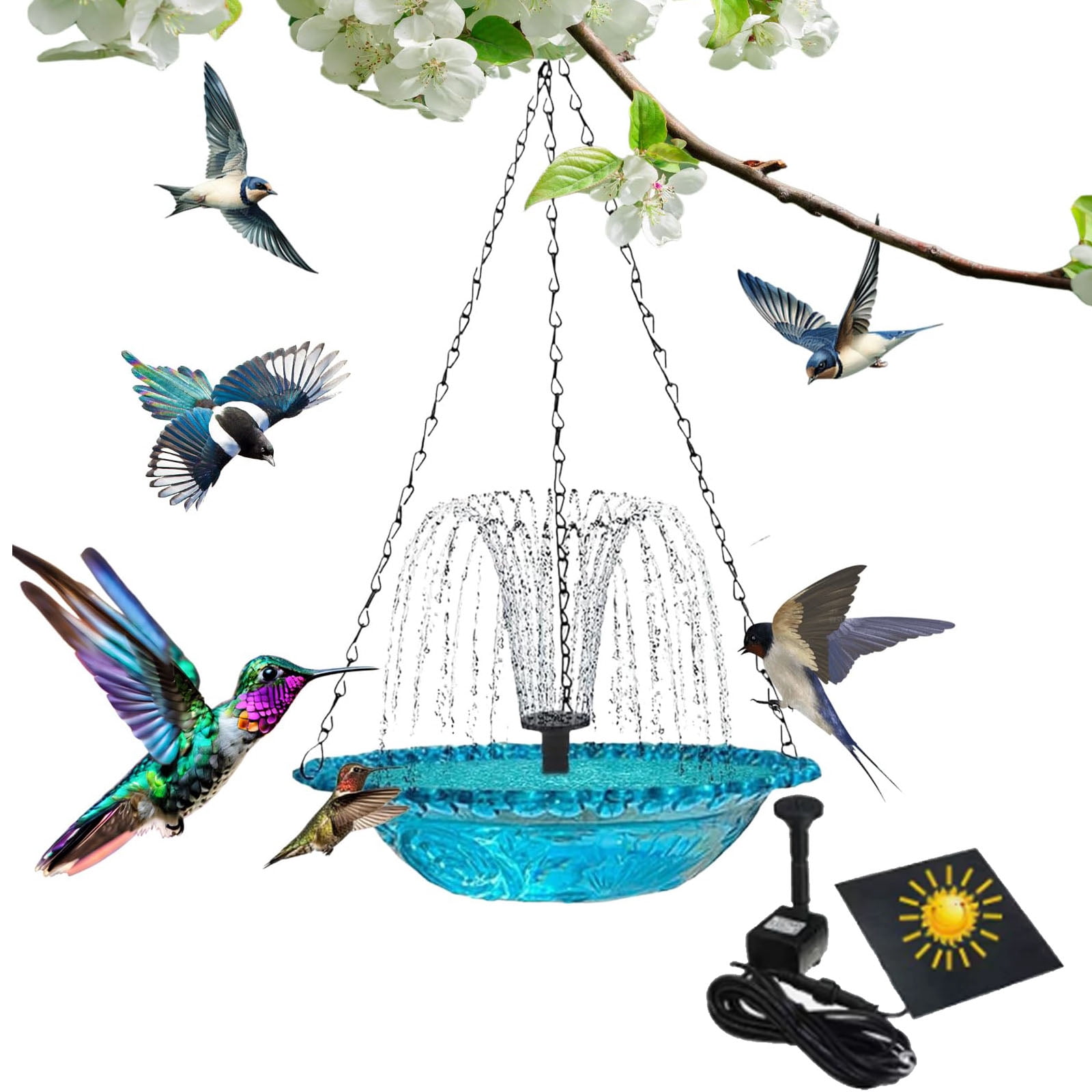 Solar Cascade Hanging Bird Bath Fountain, 2026 New Outdoor Outdoor Hanging Bird Bath with Solars Pump & Glass Bowl, Large Humming Birds Baths Fountains for Garden, Patio, Lawn Decor
