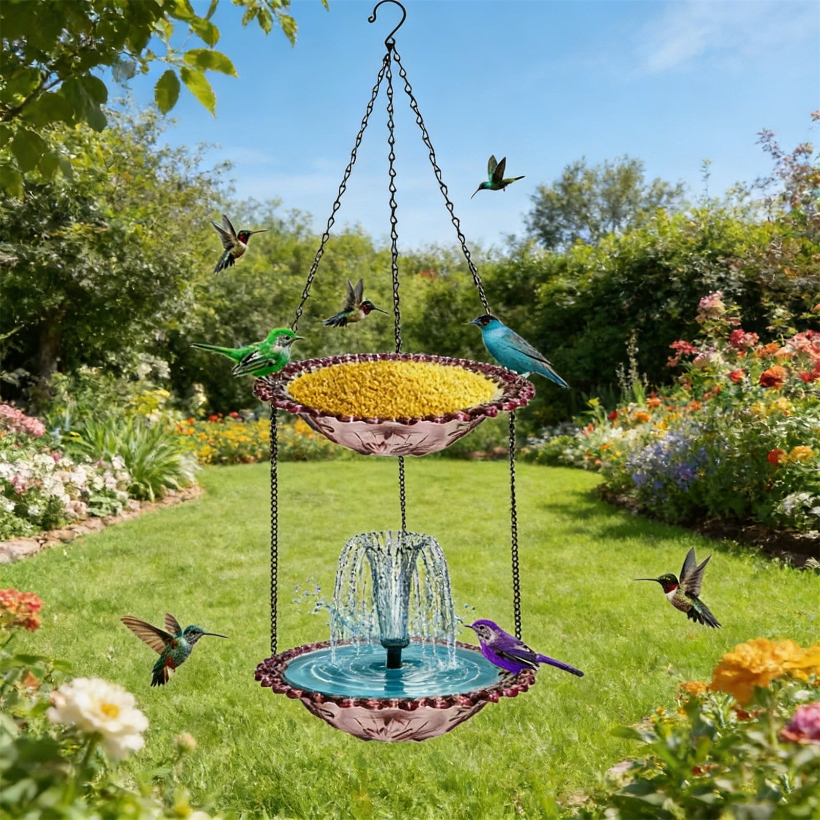 Solar Cascade Hanging Bird Bath Fountain, 2026 New Solar Powered Birdbath Water Fountain, Hanging Bird Bath with Flowing Water Outdoors Decor for Garden Yard Patio Backyard Decoration (Purple)