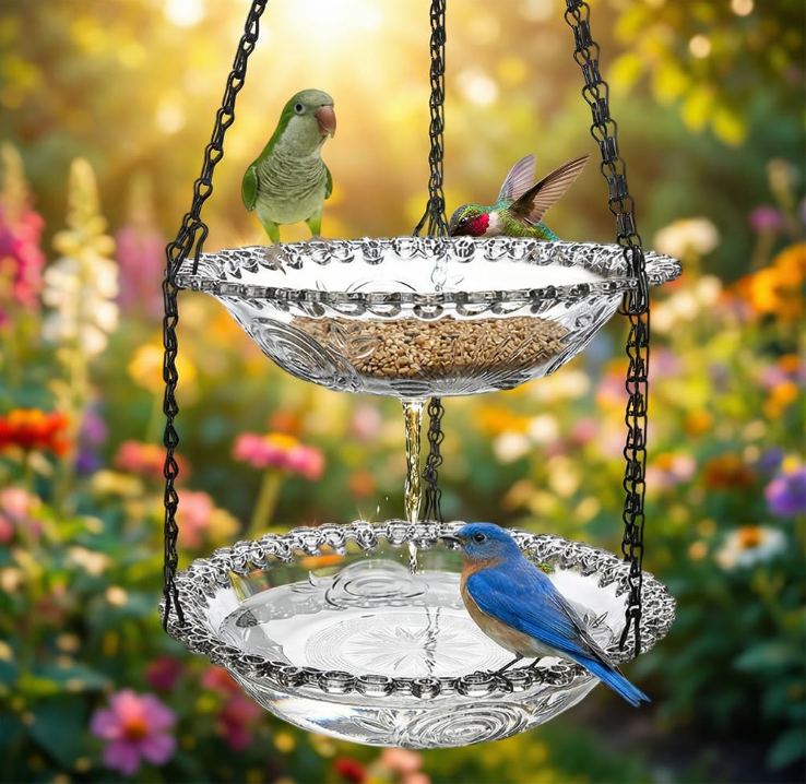 Solar Cascade Hanging Bird Bath Fountain, 2026 New Solar Powered Cascading Outdoor Water Fountainwith Solars Pump & Glass Bowl, Decorative Garden Yard Patio Bird Bath Fountain (Gray Double-Tier)
