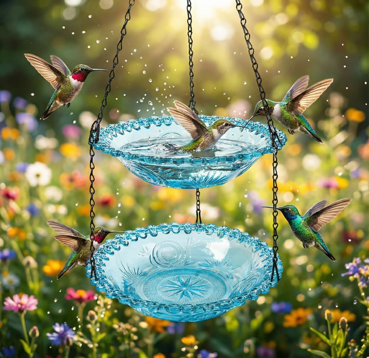 Solar Cascade Hanging Bird Bath Fountain, Solar Powered Cascading Outdoor Water Fountainwith Solars Pump & Glass Bowl, Decorative Garden Yard Patio Bird Bath Fountain (Blue Double-Tier)