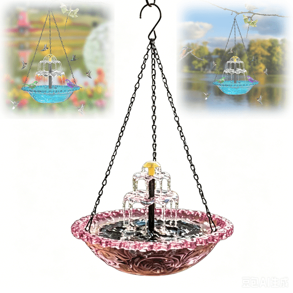 Solar Cascade Hanging Bird Bath Fountain - 3 Layers Outdoor Water Feature for Hummingbirds, Easy-Clean 9.3" Glass Basin with Solar Powered Pump, Attract Wild Birds to Garden, Patio (Pink)