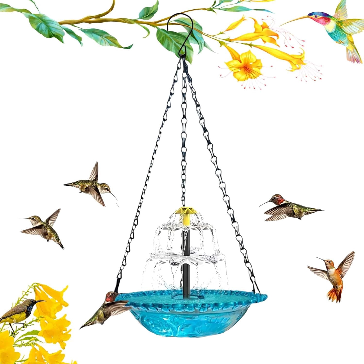 Solar Cascade Hanging Bird Bath Fountain, 9.84''W Cascade Glass Water Bowl, Attracts Wild Birds and Hummingbirds for Outdoor Garden Backyard Patio Lawn Decor