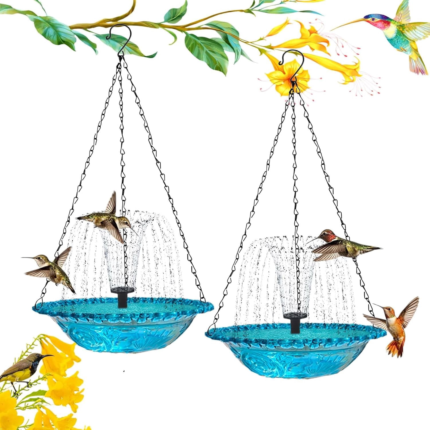 Solar Cascade Hanging Bird Bath Fountain, 9.84''W Cascade Glass Water Bowl, Attracts Wild Birds and Hummingbirds for Outdoor Garden Backyard Patio Lawn Decor