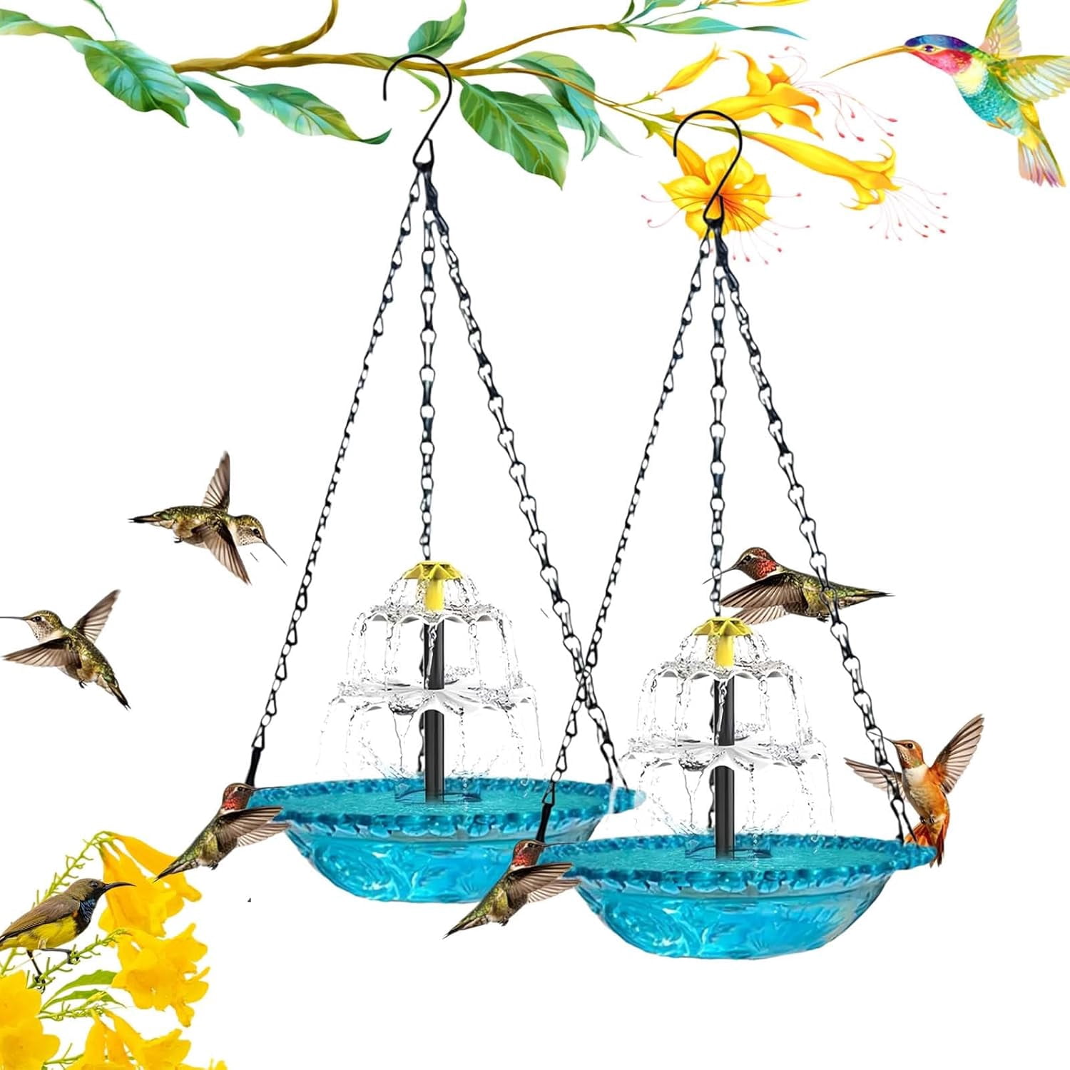 Solar Cascade Hanging Bird Bath Fountain, 9.84''W Cascade Glass Water Bowl, Attracts Wild Birds and Hummingbirds for Outdoor Garden Backyard Patio Lawn Decor