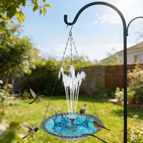 Solar Cascade Hanging Bird Bath Fountain, Cascading Water Feature with Solar Pump & Glass Bowl, Large Birdbath for Hummingbirds, Yard, Garden Decoration (Gray)