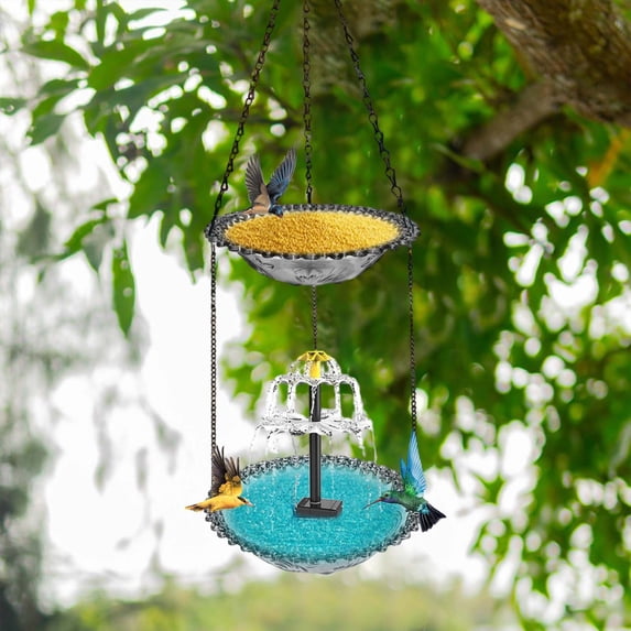 Solar Cascade Hanging Bird Bath Fountain, Double Layer Outdoor Hummingbird Bath with Feeder, Solar Powered Birdbath Water Kit, Decor for Patio Yard Garden