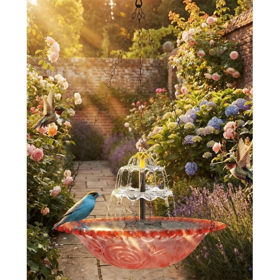 Solar Cascade Hanging Bird Bath Fountain Elegant, Self-Powering Solar Powered Cascading Bird Bath with Adjustable Nozzles, Weatherproof Bowl & Double Tiered Waterfall Design