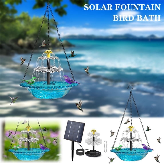 Solar Cascade Hanging Bird Bath Fountain, Explosion Outdoor Garden Floating Hanging Solar Bird Feeder, Large Humming Birds Baths Fountains, with Solars Pump & Glass Bowl, for Outdoor, Gardens