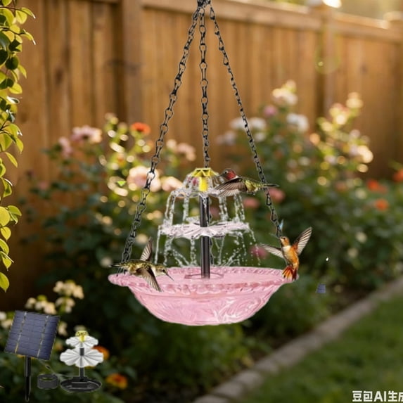 Solar Cascade Hanging Bird Bath Fountain, Hanging Bird Bath with Flowing Water, Powered Cascading Outdoor Water Fountain, with Solars Pump & Glass Bowl, for Outdoor, Gardens(Pink,A)