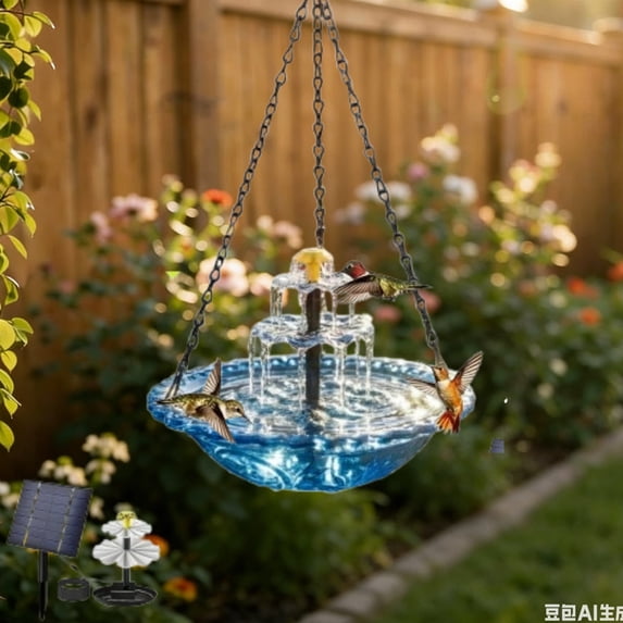 Solar Cascade Hanging Bird Bath Fountain, Hanging Bird Bath with Flowing Water, Powered Cascading Outdoor Water Fountain, with Solars Pump & Glass Bowl, for Outdoor, Gardens(Blue,B)