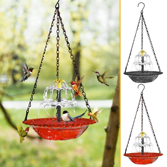 Solar Cascade Hanging Bird Bath Fountain, Hummingbird Water Fountain, Hanging Birds Bath with Solars Pump & Glass Bowl for Outdoor Gardens Backyard Patio Lawn Decorative Gifts